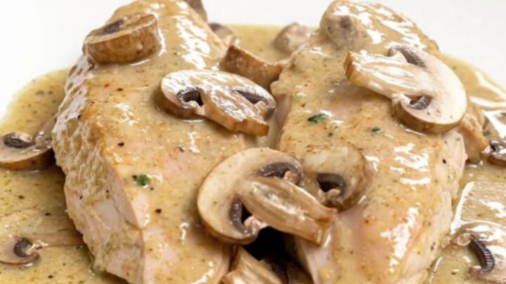 A close-up of creamy sherry mushroom chicken served on a white plate with visible steam.