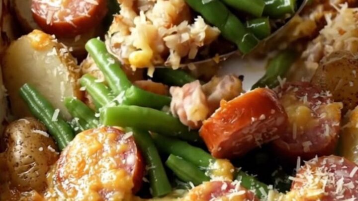 A top-down view of a rectangular ceramic dish filled with potatoes, green beans, and sausage.