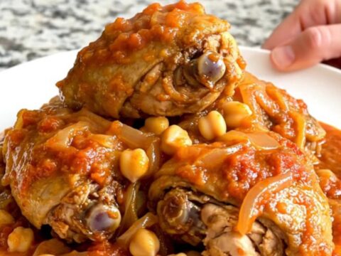 A slow cooker filled with braised chicken thighs, chickpeas, and red onions in a rich tomato sauce.