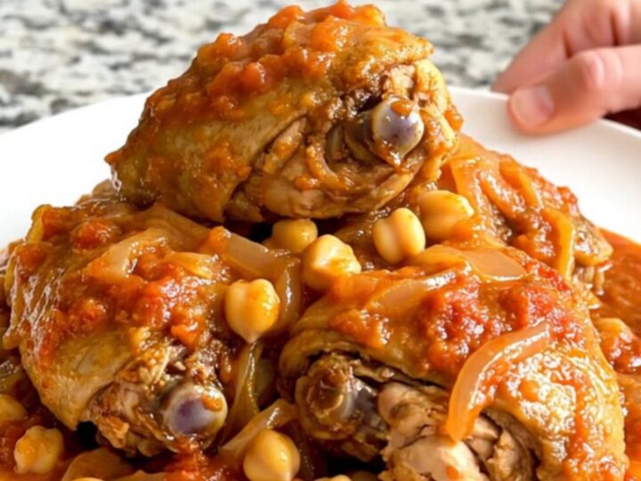 A slow cooker filled with braised chicken thighs, chickpeas, and red onions in a rich tomato sauce.