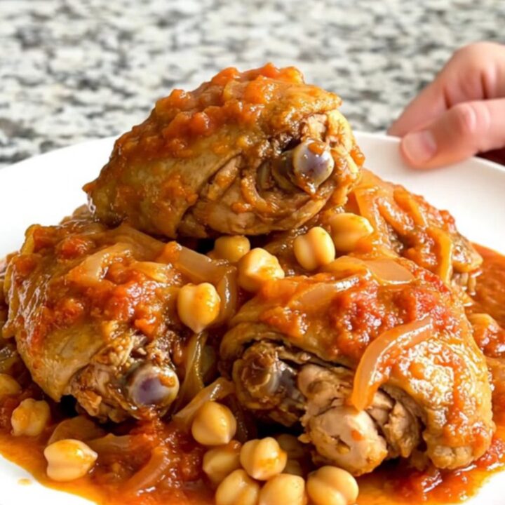 A slow cooker filled with braised chicken thighs, chickpeas, and red onions in a rich tomato sauce.