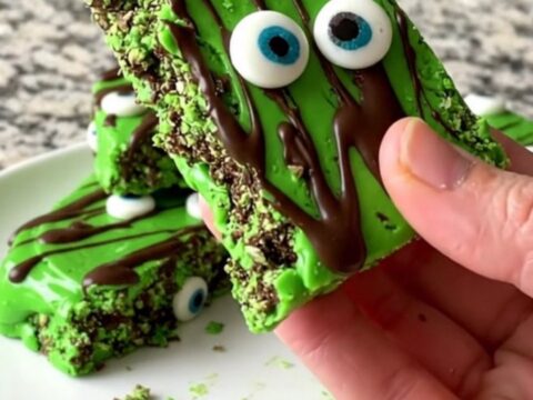 A tray of bright green monster eyeball bark decorated with dark chocolate drizzles and candy eyes.