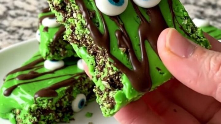 A tray of bright green monster eyeball bark decorated with dark chocolate drizzles and candy eyes.