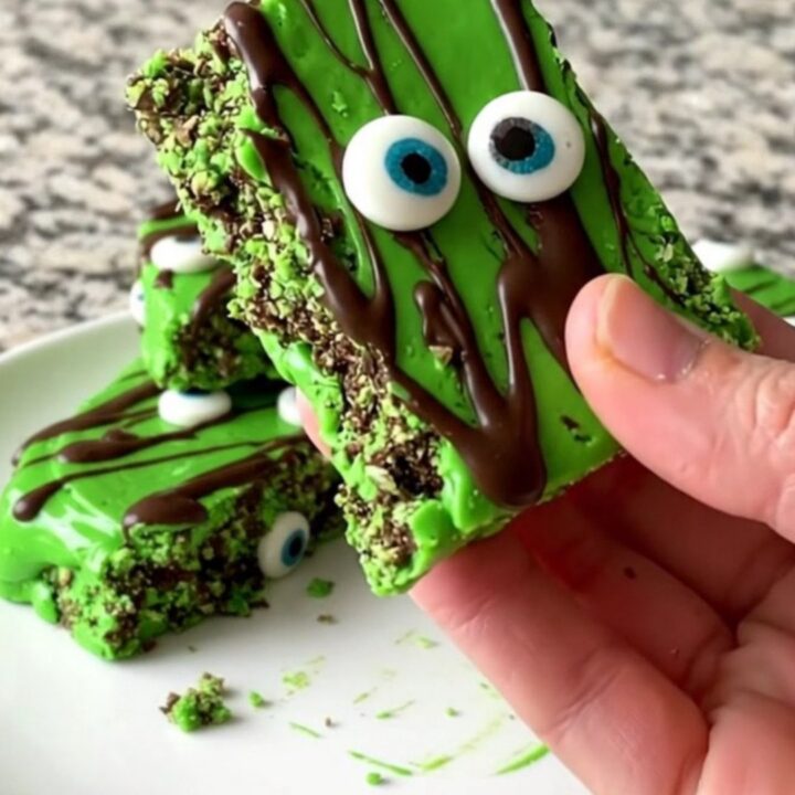 A tray of bright green monster eyeball bark decorated with dark chocolate drizzles and candy eyes.