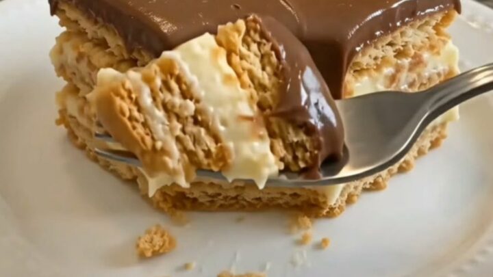 A slice of no-bake eclair cake on a white plate with visible layers of crackers and pudding.