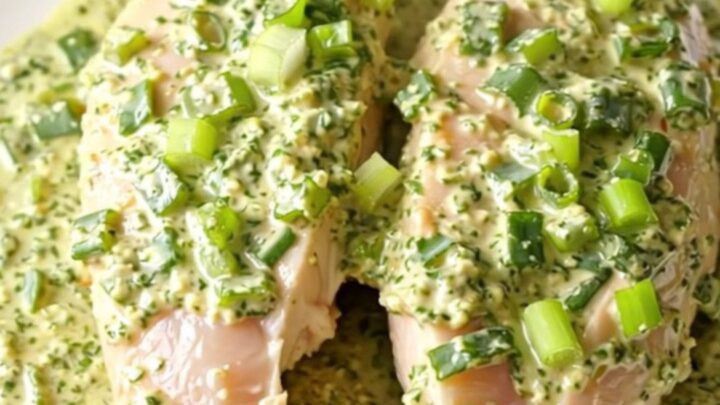 A top-down view of a cream-colored slow cooker filled with braised chicken breasts in a creamy green herb sauce.