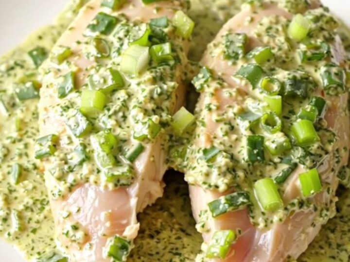 A top-down view of a cream-colored slow cooker filled with braised chicken breasts in a creamy green herb sauce.