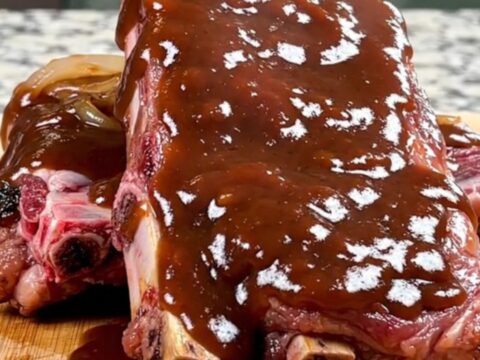 A close-up view of tender baby back ribs coated in a thick, smoky barbecue sauce with soft onions in a slow cooker.