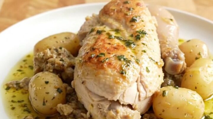 A stainless steel slow cooker filled with chicken breasts, baby potatoes, onions, and herbs in a light broth.