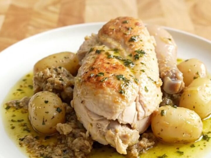 A stainless steel slow cooker filled with chicken breasts, baby potatoes, onions, and herbs in a light broth.