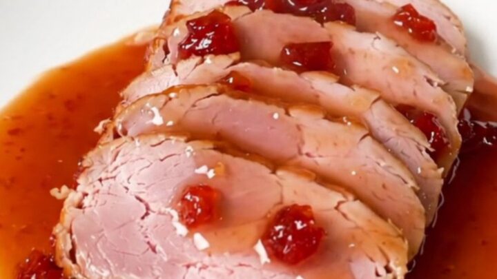 A spiral-cut ham glazed with a glossy red pepper jelly sauce in a black slow cooker.