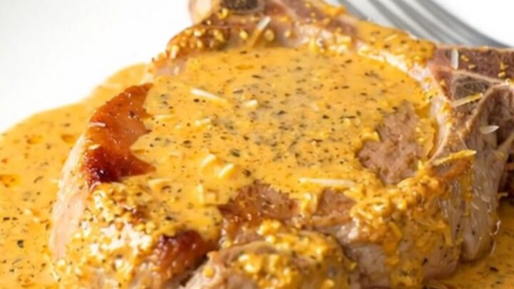 A serving spoon lifting a tender boneless pork chop covered in a creamy orange Cajun sauce.