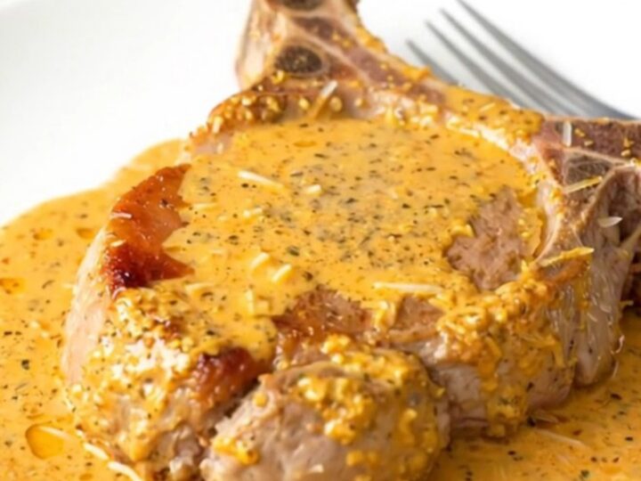 A serving spoon lifting a tender boneless pork chop covered in a creamy orange Cajun sauce.