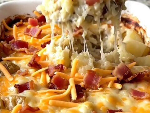 A top-down view of a rectangular baking dish filled with cubes of twice baked potatoes topped with cheese and bacon.
