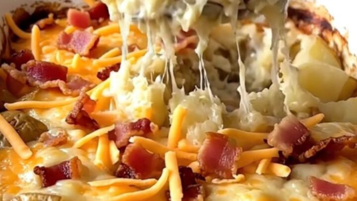 A top-down view of a rectangular baking dish filled with cubes of twice baked potatoes topped with cheese and bacon.