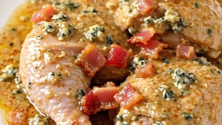 A slow cooker filled with chicken thighs, bacon, and blue cheese ready for cooking.