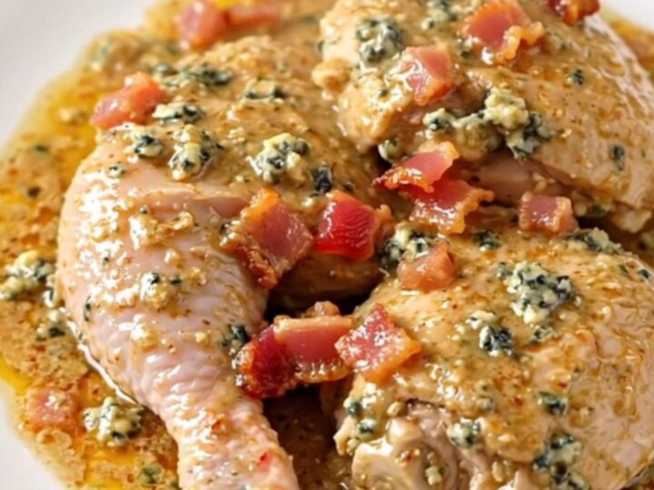 A slow cooker filled with chicken thighs, bacon, and blue cheese ready for cooking.