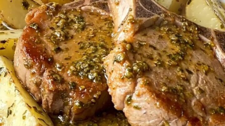 Close up of slow-cooked pork chops and potato wedges in a black ceramic slow cooker insert.