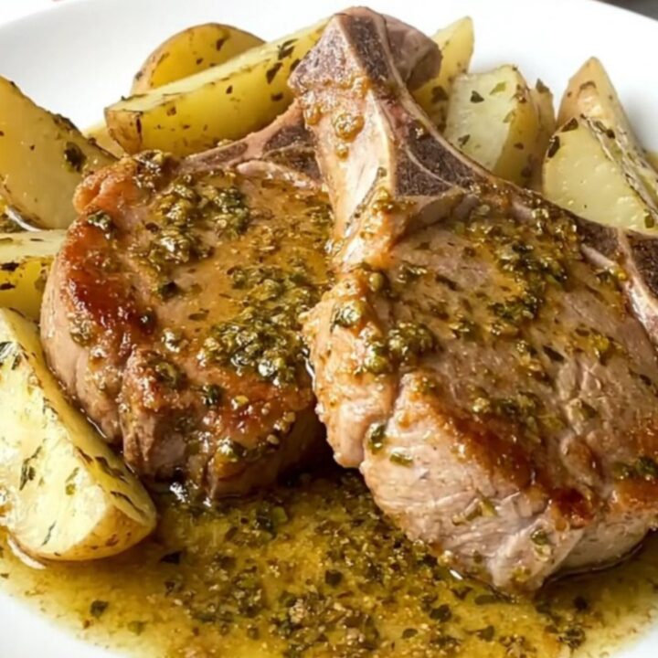 Close up of slow-cooked pork chops and potato wedges in a black ceramic slow cooker insert.
