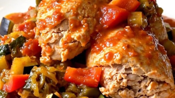 A black slow cooker filled with tender chicken thighs and colorful vegetables in a rich tomato sauce.