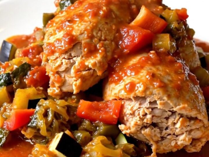 A black slow cooker filled with tender chicken thighs and colorful vegetables in a rich tomato sauce.