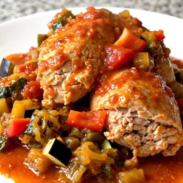 A black slow cooker filled with tender chicken thighs and colorful vegetables in a rich tomato sauce.