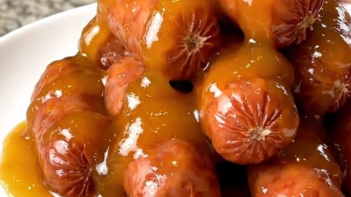 A slow cooker filled with glazed apricot adobo little smokies on a granite countertop.