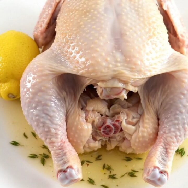 A whole cooked lemon thyme chicken sitting on a white plate, showing tender skin and fresh herbs.