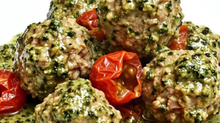 A slow cooker filled with creamy pesto turkey meatballs and cherry tomatoes on a speckled granite countertop.