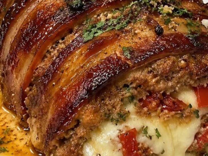 A crispy bacon-wrapped meatloaf on a white platter with melted cheese and red peppers visible inside.