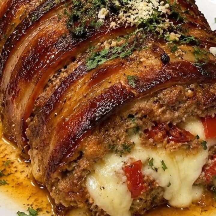 A crispy bacon-wrapped meatloaf on a white platter with melted cheese and red peppers visible inside.