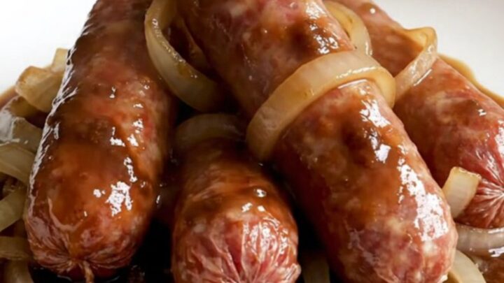 A slow cooker filled with bratwurst links, sliced onions, and a rich root beer sauce.