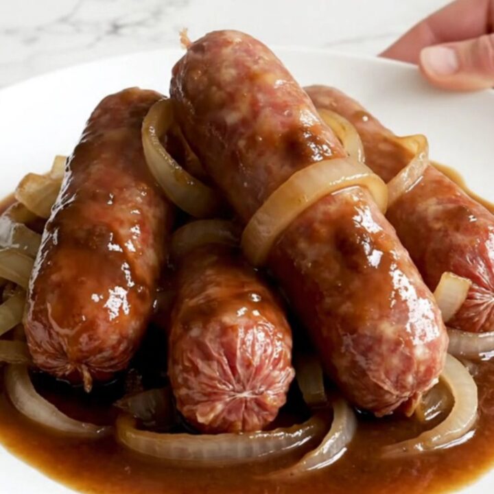 A slow cooker filled with bratwurst links, sliced onions, and a rich root beer sauce.