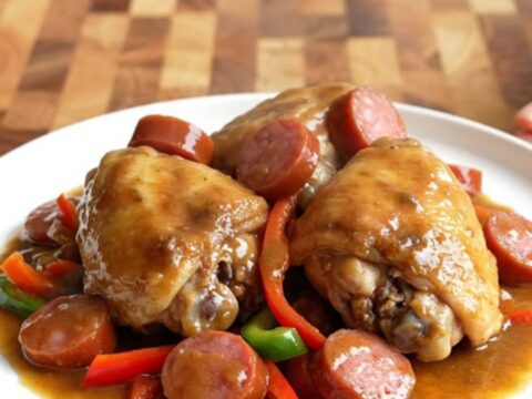 A stainless slow cooker filled with chicken thighs, sliced sausage, and bell peppers in a rich, smoky sauce.