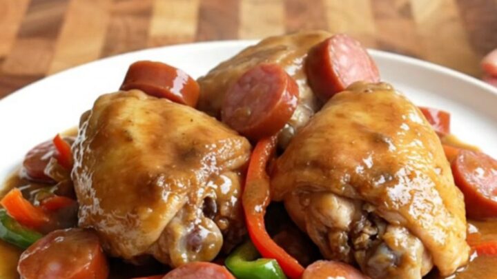 A stainless slow cooker filled with chicken thighs, sliced sausage, and bell peppers in a rich, smoky sauce.
