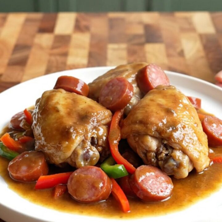 A stainless slow cooker filled with chicken thighs, sliced sausage, and bell peppers in a rich, smoky sauce.