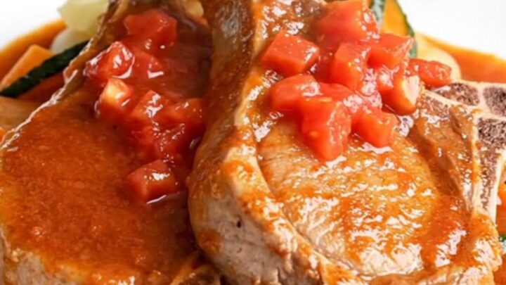 A top-down view of raw bone-in pork chops in a white slow cooker, topped with diced vegetables and Creole seasoning.