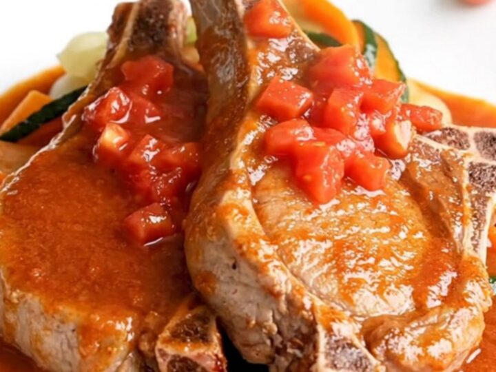 A top-down view of raw bone-in pork chops in a white slow cooker, topped with diced vegetables and Creole seasoning.