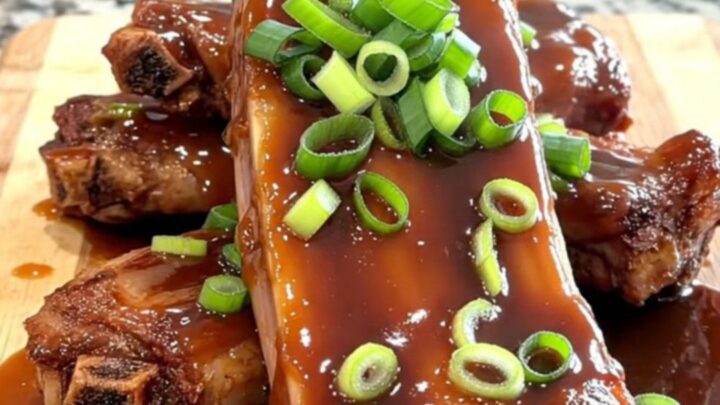 A close-up shot of tender, braised spareribs covered in a glossy teriyaki glaze and topped with fresh green onions.