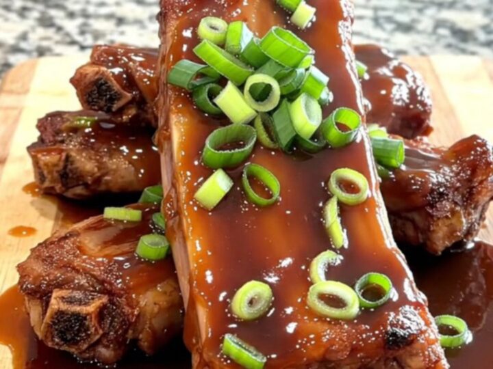 A close-up shot of tender, braised spareribs covered in a glossy teriyaki glaze and topped with fresh green onions.