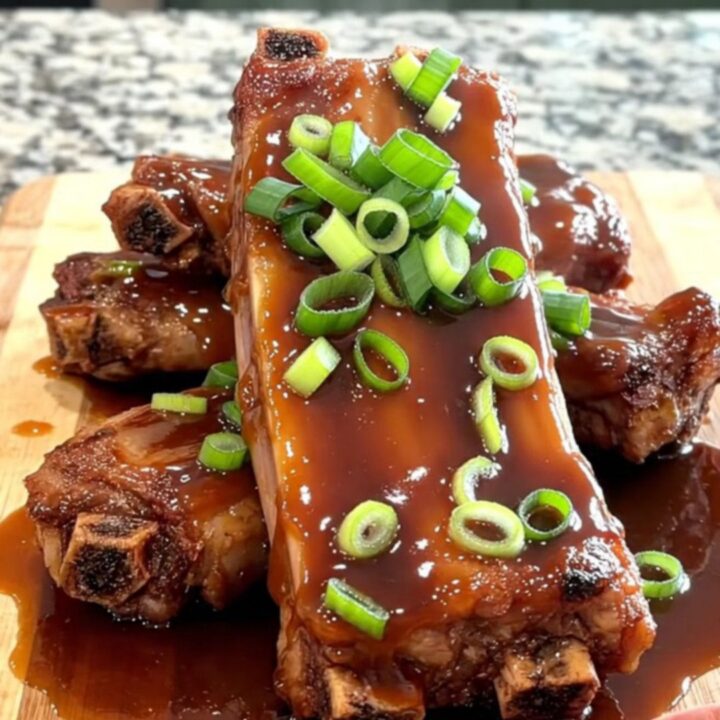 A close-up shot of tender, braised spareribs covered in a glossy teriyaki glaze and topped with fresh green onions.