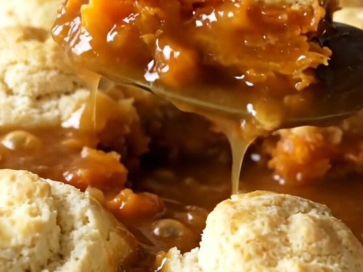 A top-down view of a rectangular baking dish filled with rows of sweet potato rounds topped with pieces of biscuit dough.