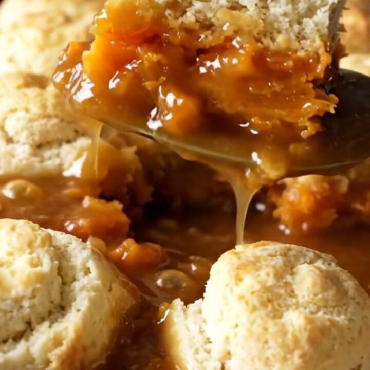 A top-down view of a rectangular baking dish filled with rows of sweet potato rounds topped with pieces of biscuit dough.