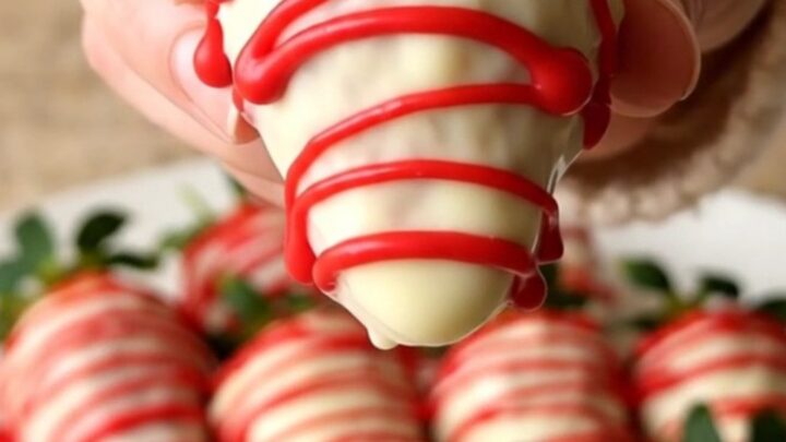 A tray of fresh strawberries dipped in white chocolate with a red candy drizzle.