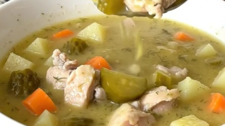 A white bowl filled with creamy dill pickle chicken soup, featuring visible chunks of chicken, potatoes, and pickles.