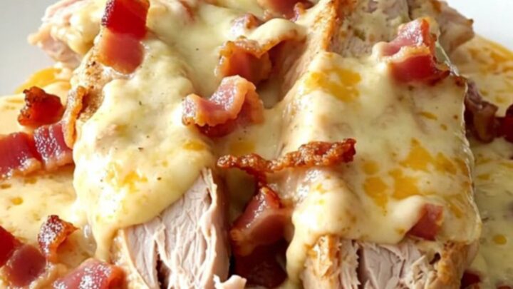 A top-down view of a slow cooker filled with turkey tenderloins, bacon, tomatoes, and melting cheeses.