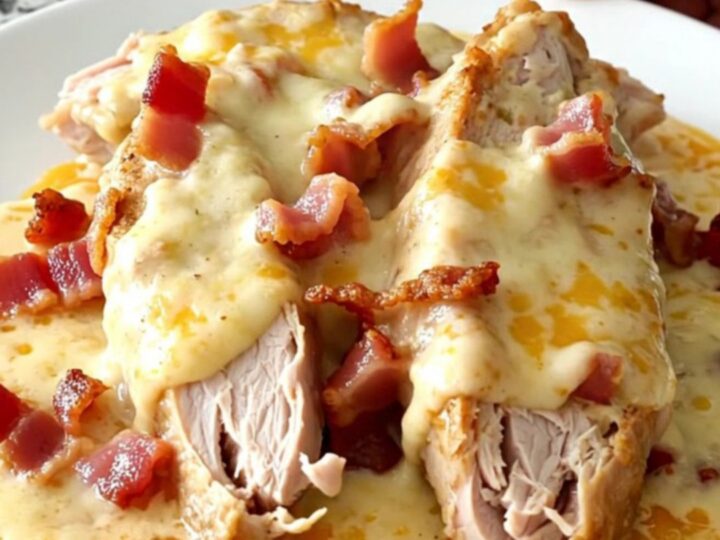 A top-down view of a slow cooker filled with turkey tenderloins, bacon, tomatoes, and melting cheeses.