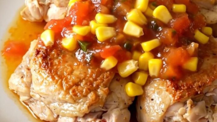 A close-up of tender, braised chicken thighs topped with a thick, chunky peach salsa and corn.