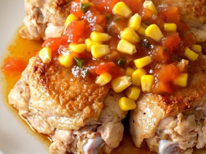 A close-up of tender, braised chicken thighs topped with a thick, chunky peach salsa and corn.