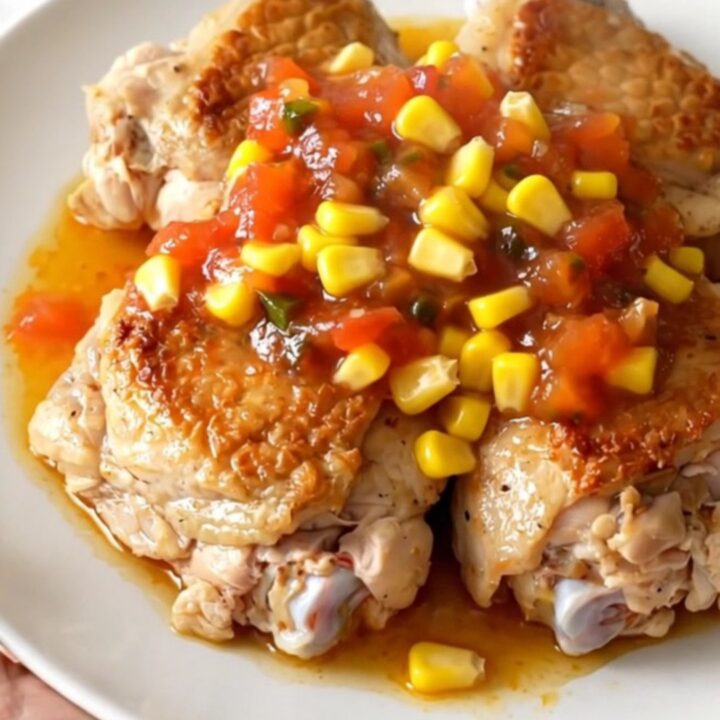 A close-up of tender, braised chicken thighs topped with a thick, chunky peach salsa and corn.